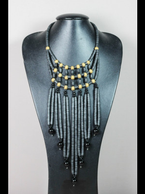 Necklace with wood beads, glass beads and African plastic heishi disk beads