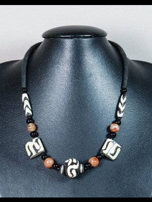 Necklace with carnelian, bone and African bakelite heishi disk beads