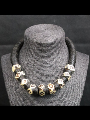 Necklace with bone beads and African coconut shell heishi disk beads