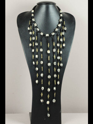 Necklace with African bakelite heishi disk beads, brass, glass and bone beads