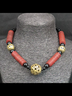Necklace with brass beads and bakelite heishi disk beads