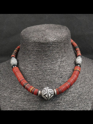Neclace with terra cotta beads and bakelite heishi disk beads
