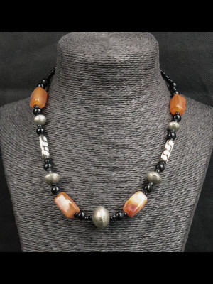 Necklace with carnelian beads and bone beads