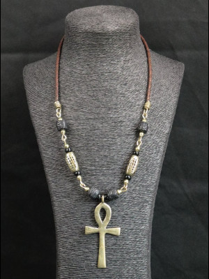 Necklace with a brass cross of life, brass beads and braided leather beads