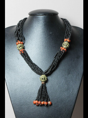 Necklace with carnelian, glass and brass beads