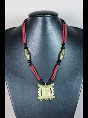 Necklace with brass pendant, brass and African bakelite heishi disk beads
