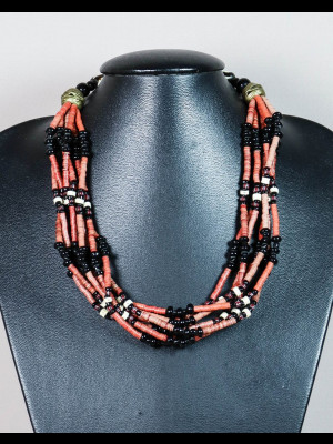 Necklace with African bakelite heishi disk beads, glass beads, bone beads and fish bones