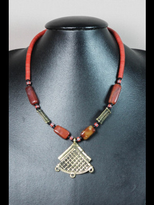 Necklace with brass beads, carnelian beads and African bakelite heishi disk beads