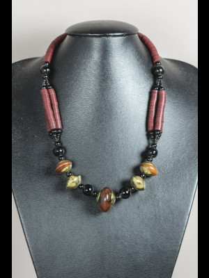 Necklace with bakelite heishi beads, bone, brass and glass beads