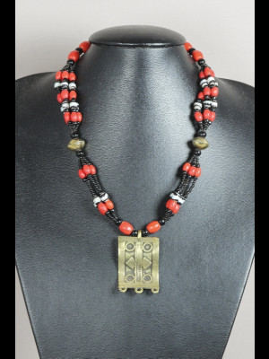 Necklace with old "Loubia" glass beads and brass pendant