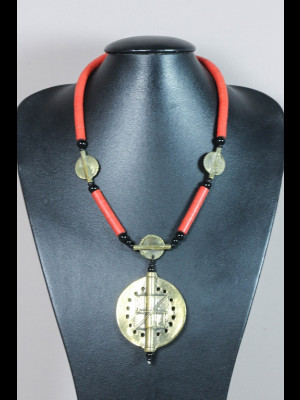 Necklace with African heishi disk beads (called “koffis” in West Africa), brass beads and 1 brass disk