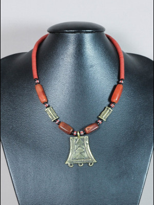 Necklace with African bakelite heishi disk beads, brass beads and carnelian beads