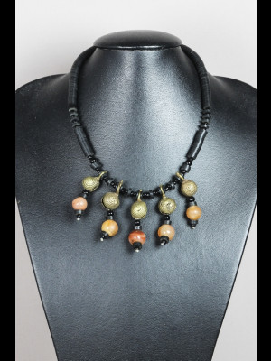 Necklace with carnelian, koffi and brass beads