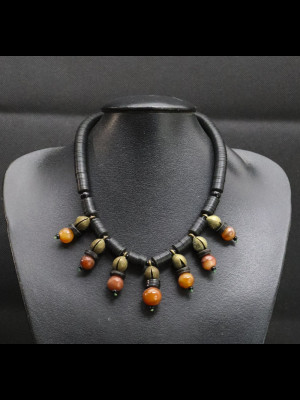 Necklace with carnelian, koffi and brass beads