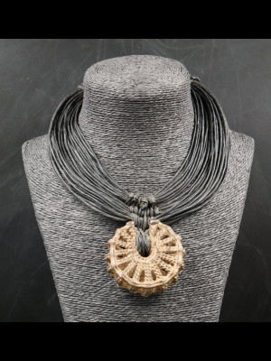 Necklace 33 leather threads and a "Dogon sun" medallion in bronze