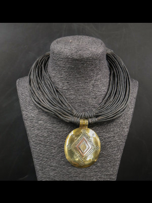 Necklace with 25 leather threads and brass pendant