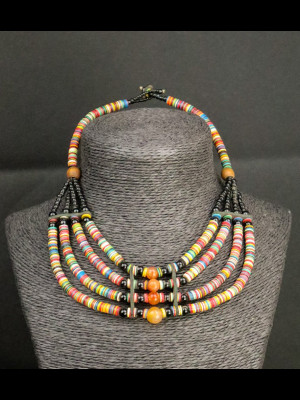 Necklace with carnelian, glass and bakelite heishi disk beads