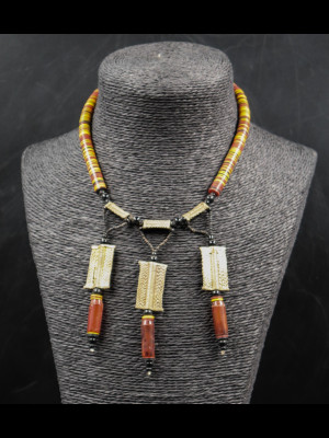 Necklace with carnelian, brass and bakelite heishi disk beads