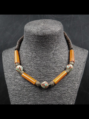 Necklace with African coconut shell heishi disk beads, Warthog bone beads and 3 beads from Morrocco