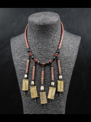 Necklace with carnelian, brass and bakelite heishi disk beads