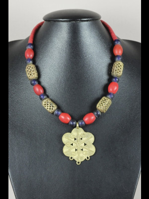 Necklace with brass, glass, balelite heishi disk beads, brass pendant and 6 old "Loubia" beads