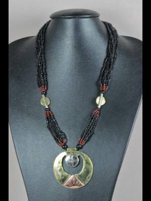 Necklace with brass and glass beads, medallion of brass and silvered metal