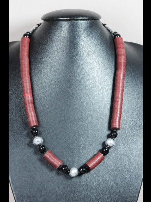 Necklace with bakelite heishi trade beads (koffi beads), glass beads and silvered metal beads