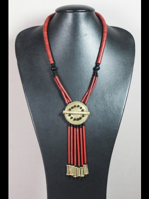 Necklace with glass beads, a brass bead and African bakelite heishi disk beads