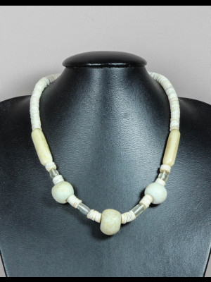 Necklace with 3 "doudou" glass trade beads, 2 horn beads, 4 translucent glass beads and  shell heishi trade beads