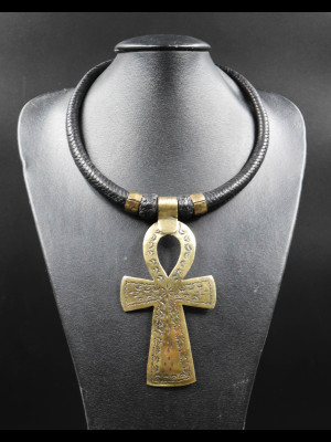 Necklace braided leather and a life cross in brass